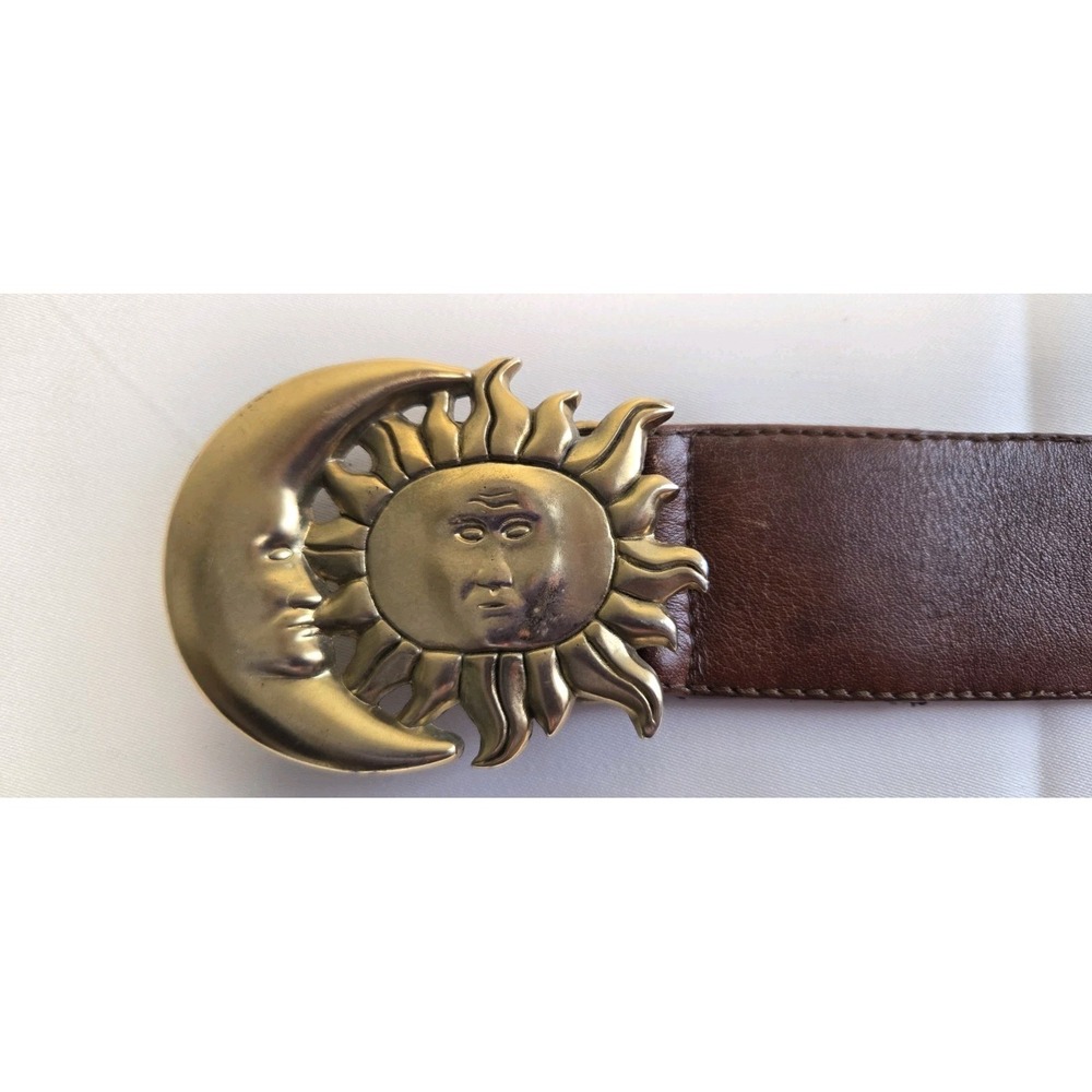 Vtg Gerado Dominguez Brass Belt Buckle Moon Sun Celestial Leather Belt Size 30"